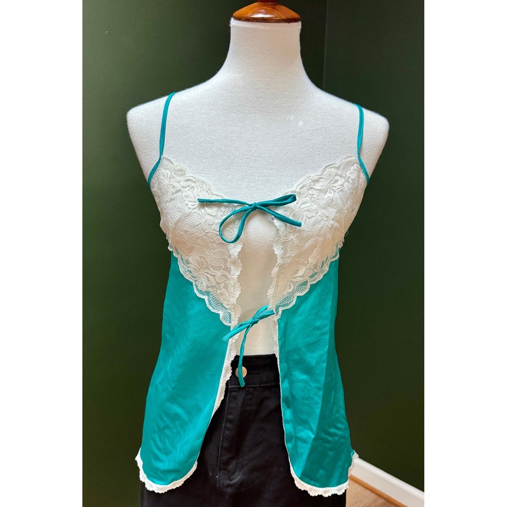 Vintage Lace Cami Top‎ Teal Green Sleeveless Tie Front Lingerie